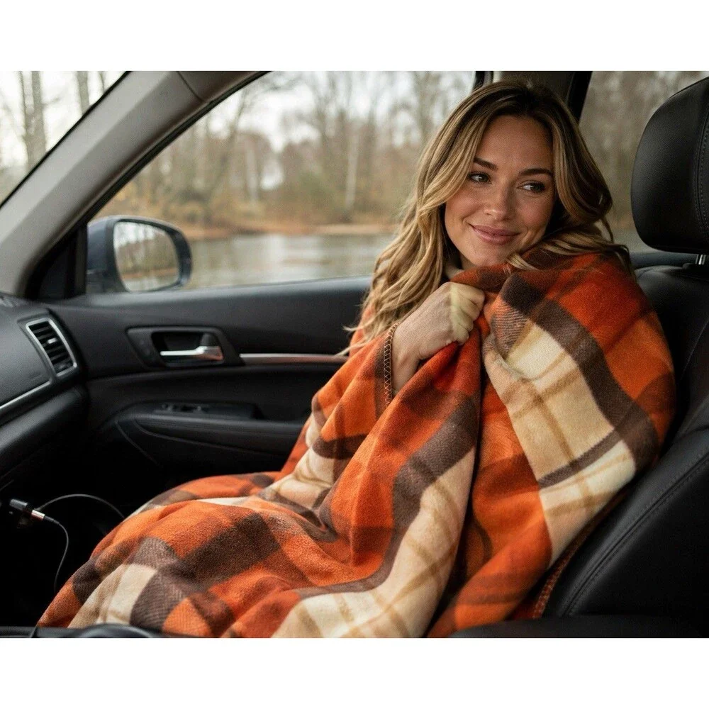 Stalwart 12V Heated Travel Blanket Car Truck Plaid Fall Autumn Colors Case NWOT